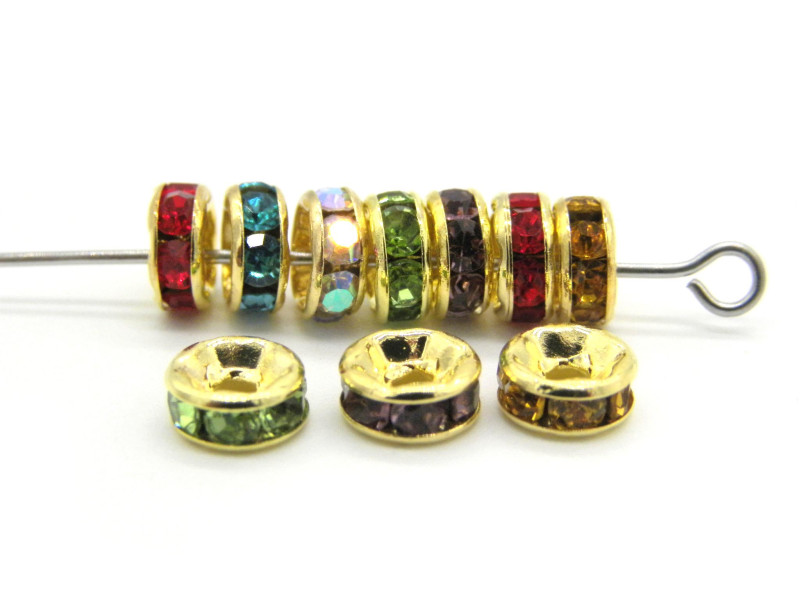 6 mm Gold plated Round Rhinestone Spacers, Crystal Strass Rondelles - Mixed Colours - 20 Pc